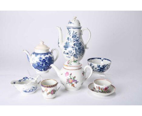 A group of 18th century Worcester porcelain, comprising an 'Argument' pattern teapot, hatched crescent mark, 16cm high; a pol