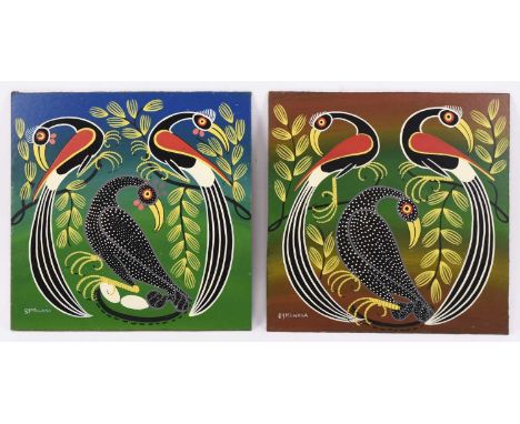 Mbwana Sudi (Tanzanian 1960-2014) Birds trio, a pair, Tingatinga school, acrylic on board, signed lower left (2)30.4 cm x 30.
