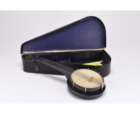 A 'Jolli Joe' alloy banjoleleWith vintage hard case.Condition:Playable condition.  Flaking and craquelure to paintwork throug