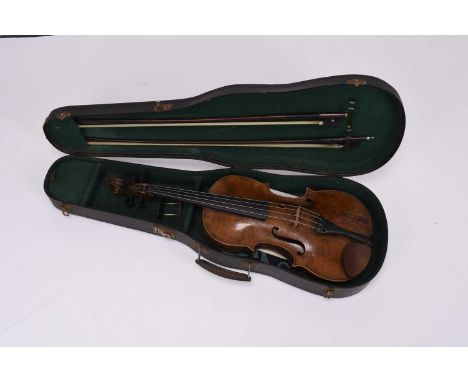 A German violaLate 19th/early 20th century, unlabelled, back 390mm (15.5 inch), scale 350mm, with two bows and a hard case.Pr