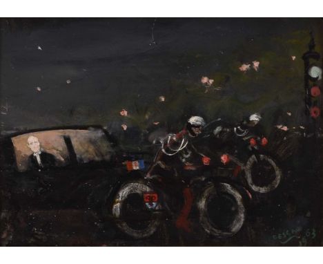 ARR Paul Lucien Dessau (British, 1909-1999) Presidential Convoy, signed and dated 1963 lower right, oil on board 21.5 x 31 cm