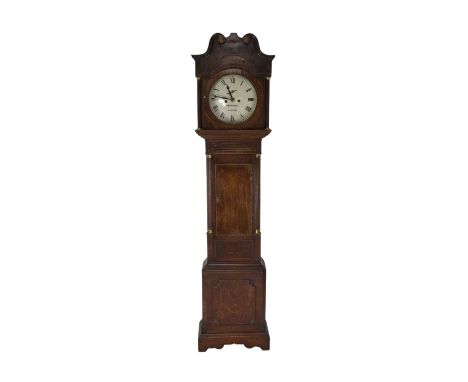 A George III oak painted dial longcase clockThe dial signed Brentnall of SuttonThe hood with swan neck pediment above a circu