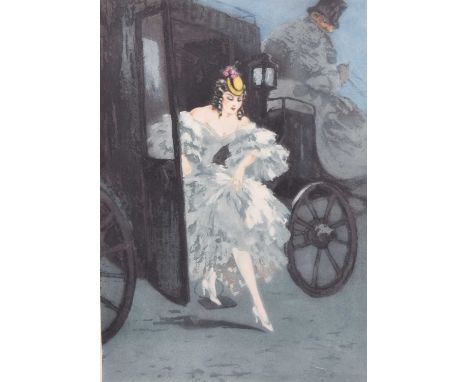 Louis Icart (1888-1950) Elegant Lady Alighting from a Carriage, signed lower right, blind stamp lower left, etching aquatint,