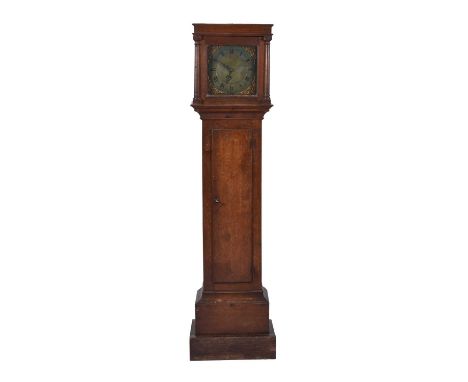 A George III oak brass dial longcase clockThe dial signed Robert Burfield, ArundelThe moulded cornice above a square glazed d