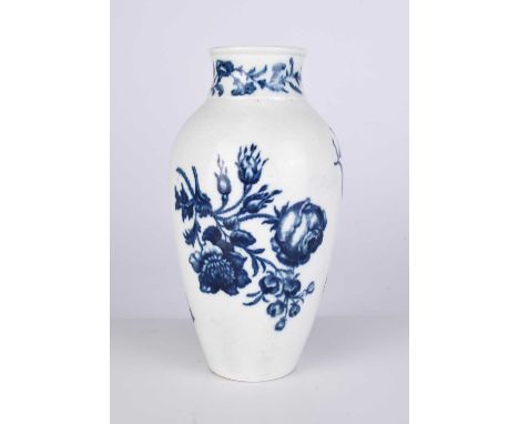 A Worcester porcelain 'Natural Sprays' vase, circa 1775, transfer-printed in underglaze blue with the main print to the balus