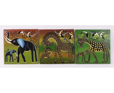 Mbwana Sudi (Tanzanian 1960-2014) Mother and cub, trio, Tingatinga school, acrylic on board, signed lower right and centre (3