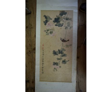 A Chinese watercolour scroll, painted with a bird and an insect in a flowering branch, signed and inscribed, the image 87 x 4