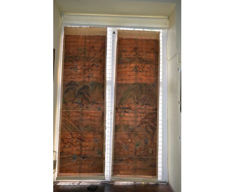 Chinese School, Qing dynasty, a pair of hunting scenes, depicting Mongolian figures with camels, watercolour on linen backed 