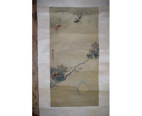 A Chinese watercolour scroll of birds and fish, signed and inscribed, the image 63 x 31cm; together with another of birds in 