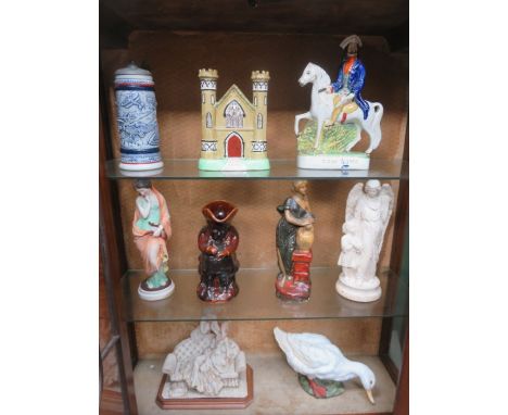 TWO STAFFORDSHIRE FIGURES PLUS OTHER CERAMICS INCLUDING CONTINENTAL FIGURES, ETC. 