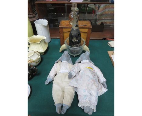 MIXED LOT INCLUDING FIRST AID KIT, VINTAGE BOTTLE OF LANSEN BLACK LABEL AND DOLLS 