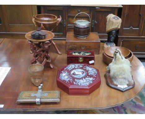 SUNDRY LOT OF TREEN INCLUDING OCTAGONAL MOTHER OF PEARL STORAGE BOX, TAXIDERMIC FOX, BISCUIT BARREL AND TIE PRESS, ETC.
