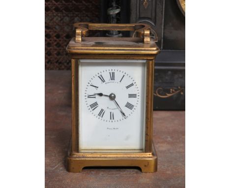 BRASS FRENCH STYLE CARRIAGE CLOCK WITH ENAMELLED DIAL 