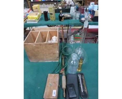 MIXED LOT OF SCIENTIFIC BOTTLES, SCALES, MICROSCOPE, THERMOMETER, DRAWING SET ETC