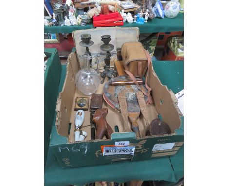 SUNDRY LOT INCLUDING BELLOWS, CASED CAMERA, FIELD COMPASS, CANDLESTICKS, WATERCOLOUR, TREEN ITEMS