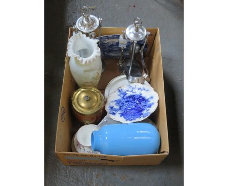 SUNDRY LOT INCLUDING FIRESIDE SETS, VASES, BISCUIT BARREL, CERAMICS AND DELFT TILE, ETC.