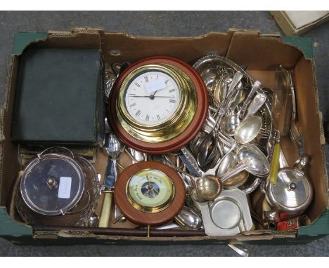 PARCEL OF BOXED AND UNBOXED SILVER PLATED WARE, FLATWARE, BISCUIT BARREL, ETC, AND ALSO MODERN CLOCK AND BAROMETER 