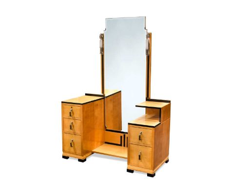 the central mirror flanked by asymmetrical pedestals with black painted geometric decoration106cm wideGeneral scratching and 