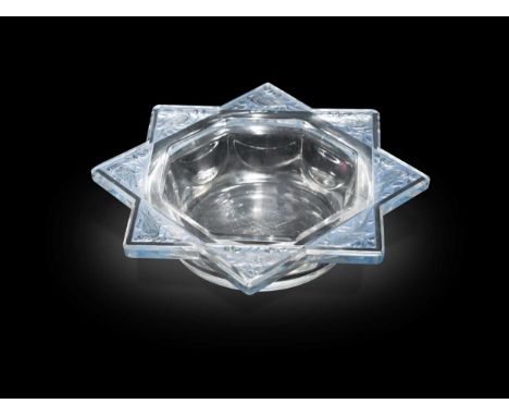 Fauvettes, an R. Lalique polished and stained glass cendrier, circa 1924, moulded in relief with birds amongst foliage, heigh