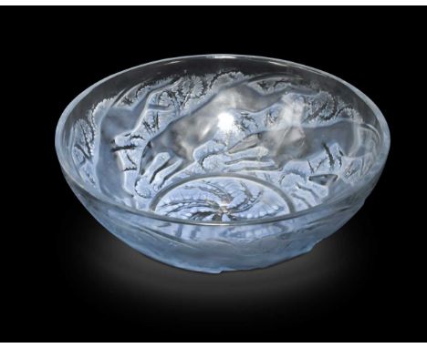 Chiens, an R. Lalique frosted glass bowl, designed 1921, moulded in relief with a repeating pattern of six leaping greyhounds