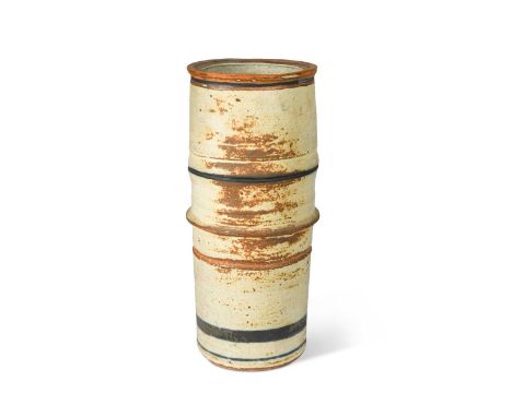 § Robin Welch (British 1939-2019), a large stoneware vase, of banded cylindrical form, painted signature36cm high
