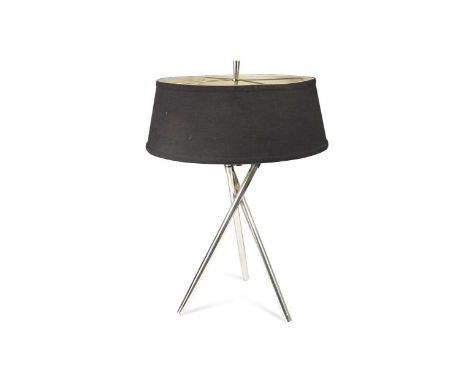 of tripod form with two lamp-holders and black fabric shade70 cm total height x 46cm (shade diameter)chromework in excellent 