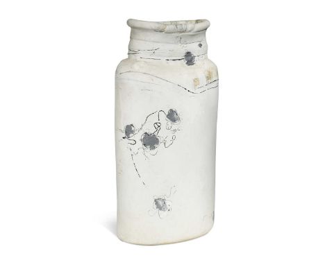 § Robin Welch (British, 1936-2019), a large stoneware vessel, with a rolled rim and of compressed cylindrical form, the white