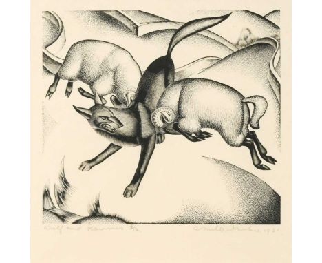 § Agnes Miller-Parker (Scottish 1895-1980) Wolf and Rams, an illustration from The Fables of Aesop, published by Gregynog Pre