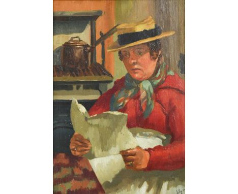 § Marjorie Lilly (British 1891-1980) Portrait of a lady reading the newspaper beside the stovesigned and dated 'Lilly 1919' (