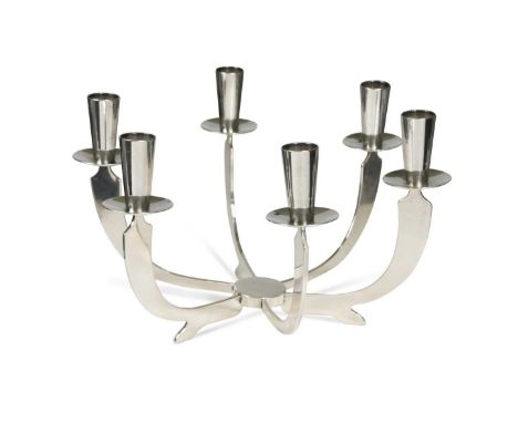 Berg, Denmark, an electro-plated candelabra, the six curved branches radiating from a central circular plate, one sconce with