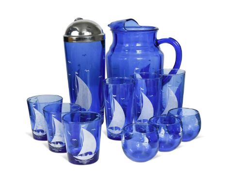 with fired on decoration in the Sailing Boat pattern, to include four roly-poly tumblers, six tumblers, six glasses, a jug an