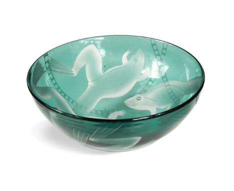 § Ruth Dresman (born 1961), an acid etched bowl, the green glass body etched with frog designs27cm diameterIn good condition 