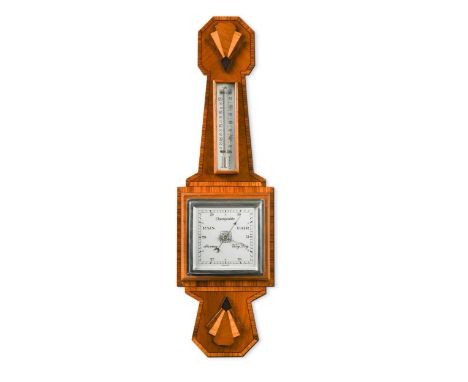 An Art Deco aneroid barometer, with applied specimen wood fan motifs61 x 17.5cm