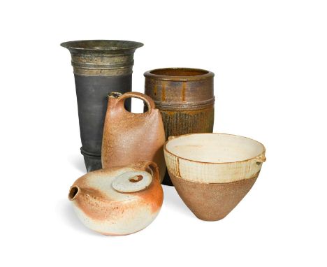 A small collection of Studio ceramics, comprising a John Leach (Muchelney) stoneware flask, an Ian Shearman raku glaze vase, 