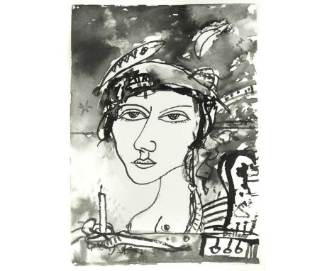 § John Bellany CBE, RA, HRSA (Scottish 1942-2013) Portrait of a lady - Night Watchsigned 'Bellany' (lower right)ink and wash2