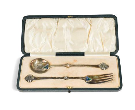 A cased silver and enamel Christening set by William Hair Haseler, possibly for Liberty &amp; Co., comprising fork and spoon 