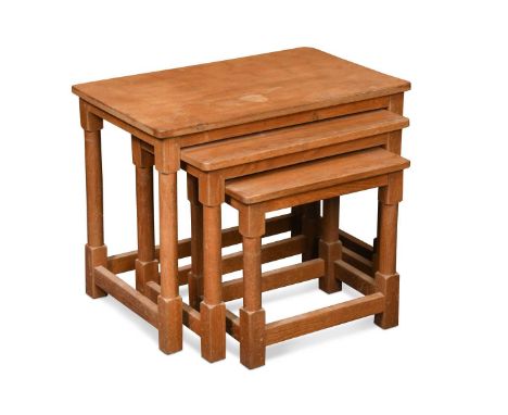 Cat and Mouseman: Lyndon Hammell (Harmby), an oak nest of three tables, the rectangular adzed tops on turned supports, carved