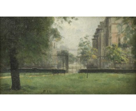 Paul Maitland NEAC (British 1863-1909) The Bayswater Road from Kensington Gardenssigned with initials (centre left)oil on boa