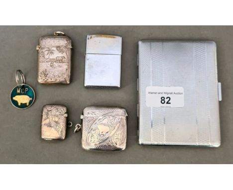 3 vesta cases to include 2 hallmarked and 1 white metal, a cigarette case and a Zippo lighter, gross weight ( vesta cases ) 6