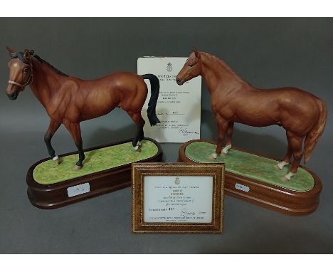 Two Royal Worcester horses on wooden stands with certificates, Hyperion & Nijinsky.Condition:- very small chip in Hyperion ea