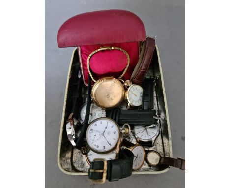 A tin containing various watches including a Rone Incabloc wristwatch and three pocket watches. 