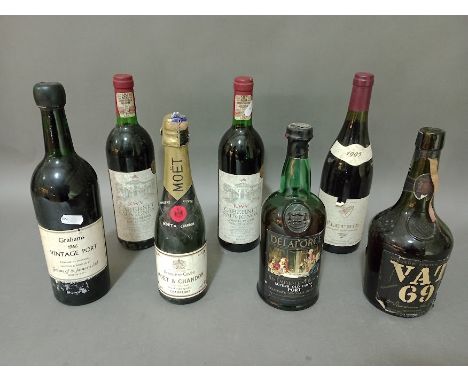 Seven bottles of assorted alcoholic beverages comprising .Grahams 1966 vintage port, Delaforce port, 2 x KWV cabernet sauvign