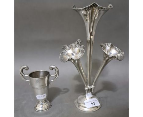 A hallmarked silver epergne and a small trophy cup, gross weight 9.6 ozt. 