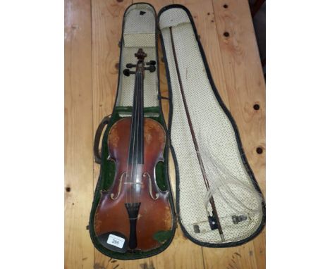 A Stradivarius copy student violin, two piece back, length 340mm, with bow and case, together with a recorder. 