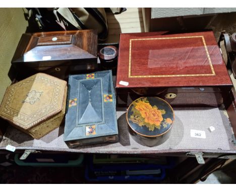 A collection of boxes including 19th century rosewood tea caddy, inlaid mahogany humidor, Players metal box, Algerian leather