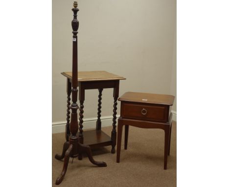 Early 20th century square barley twist lamp table, Hepplewhite style standard lamp and a 'Stag' single drawer lamp table   Co