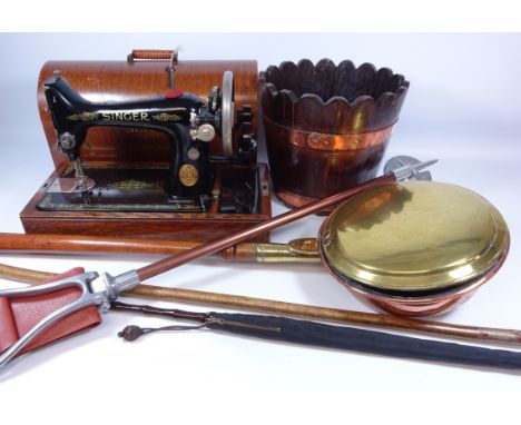 Singer sewing machine, Lister style oak and copper bound jardiniere, shooting stick, bed warming pan etc    Condition Report 