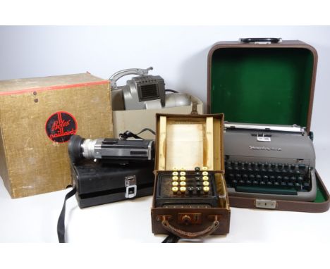 Vintage 'Plus Adding' machine, vintage Remington typewriter, Minolta video camera and a Bolex Cine Projector M8 in original b