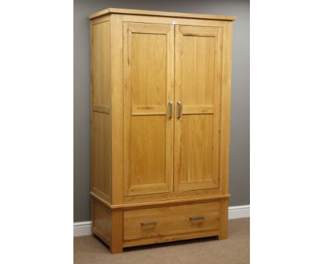 Solid light oak double wardrobe with drawer, W111cm, H192cm, D58cm   Condition Report   Click here for further images, condit