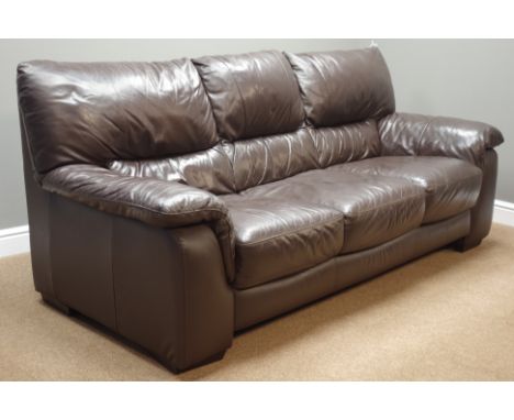 Three seat sofa (W214cm), matching two seater (W160cm), and footstool upholstered in brown leather   Condition Report   Click